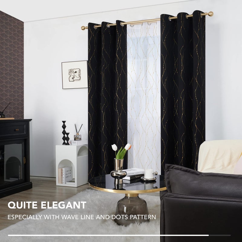 Deconovo Blackout Curtains 2 Panels for Bedroom and Living Room, Gold Foil Wave Lines and Dots, Thermal Insulated Room Darkening Grommet Window Drapes for Nursery, Black, 52W x 108L Inch - Image 4